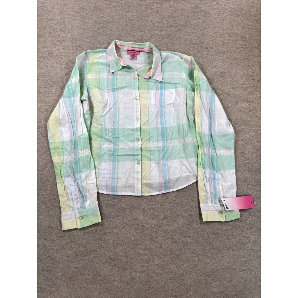 At Last Shirt Womens Large Multicolor Plaid Curved Hem Long Sleeve Button Up